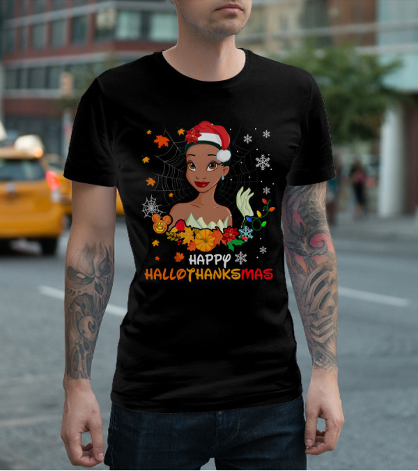 Happy Hallothanksmas Tiana Disney Princess With Santa Hat Spider Web And Holiday Decorations T-Shirt