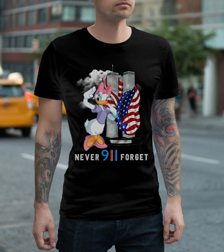 Never 9 11 Forget Daisy Twin Towers American Flag T-Shirt