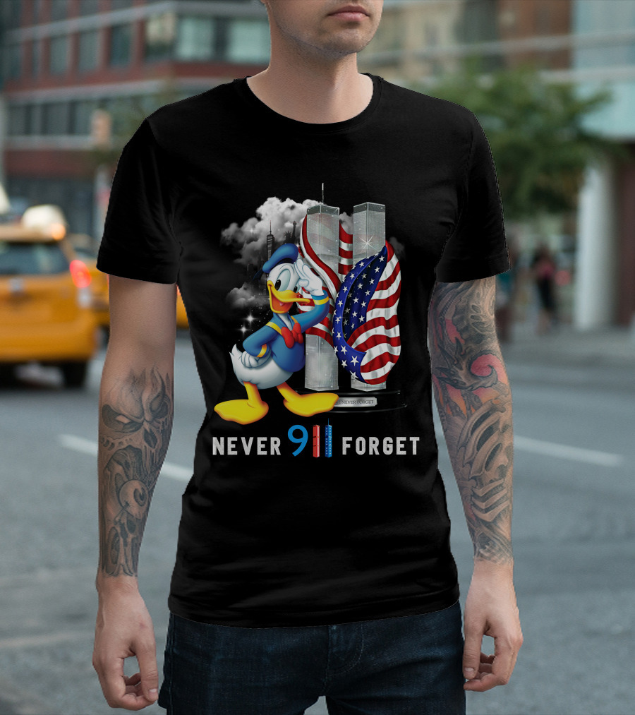 Donald Duck Never 9/11 Forget Twin Towers American Flag T-Shirt