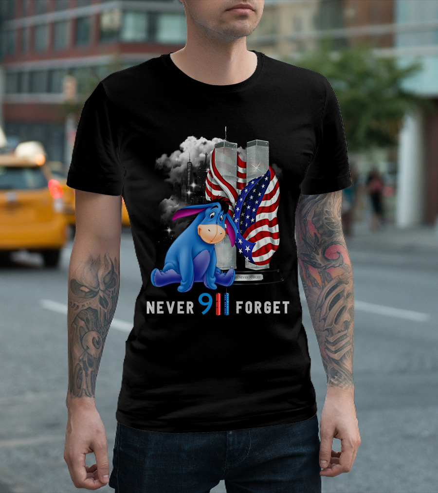 Eeyore Never 9/11 Forget Twin Towers American Flag T-Shirt