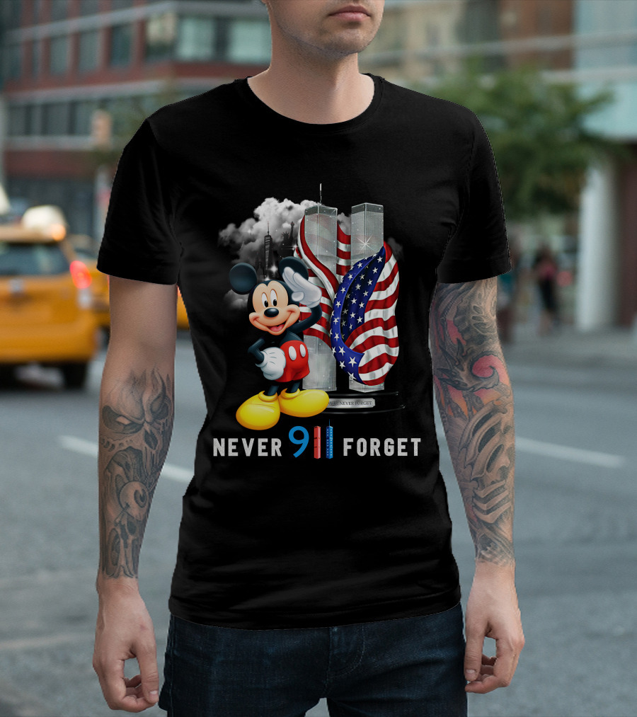 Never 9/11 Forget Mickey Twin Towers American Flag T-Shirt