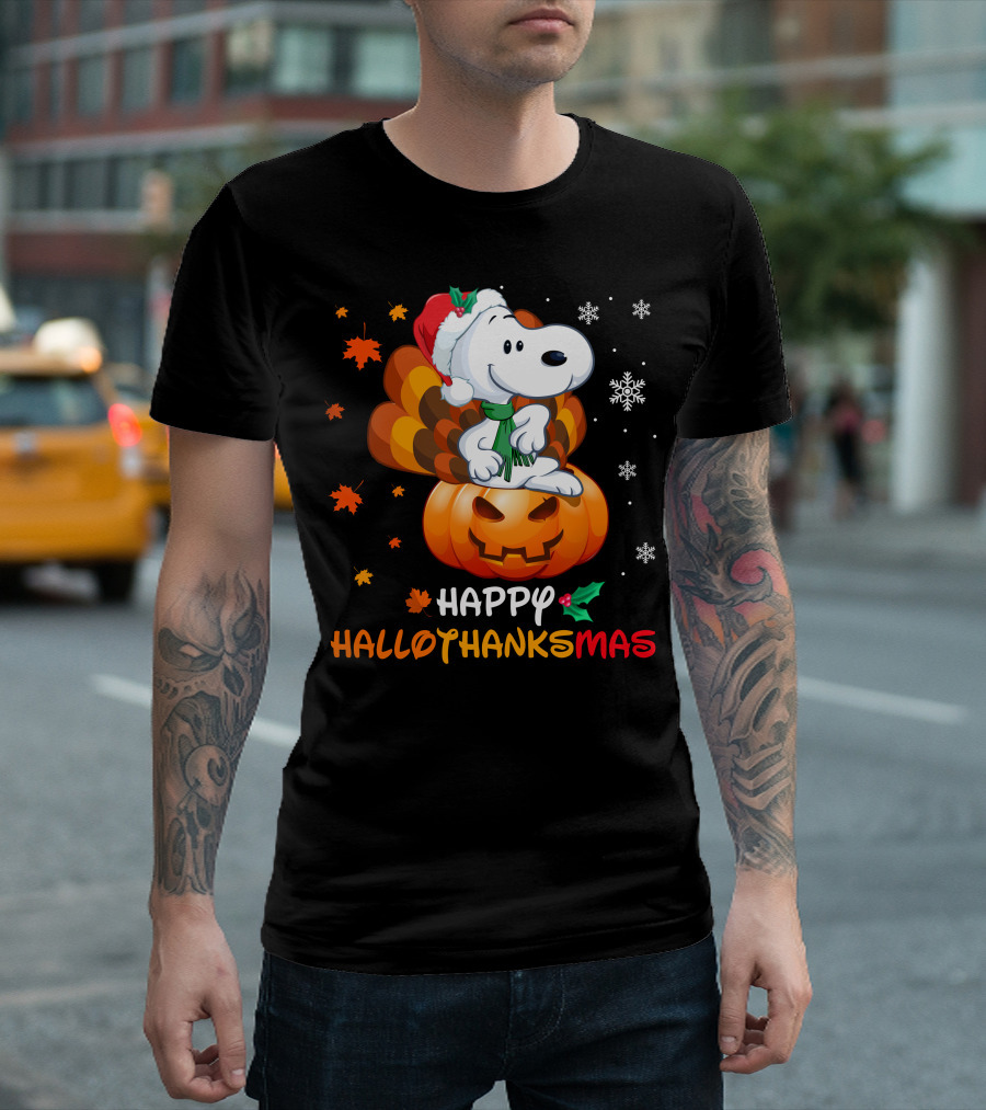 Happy Hallothanksmas Snoopy Christmas Pumpkin Turkey Leaves Snowflakes T-Shirt