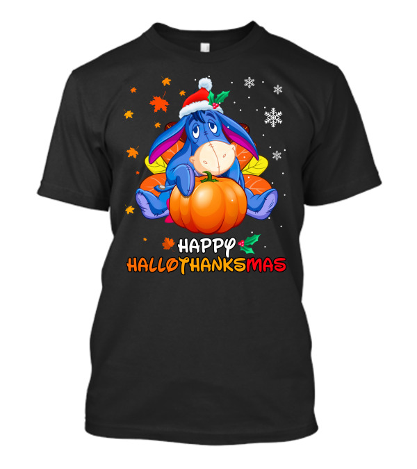 Eeyore Happy Hallothanksmas Sitting On Pumpkin With Santa Hat Snowflakes And Autumn Leaves T-Shirt