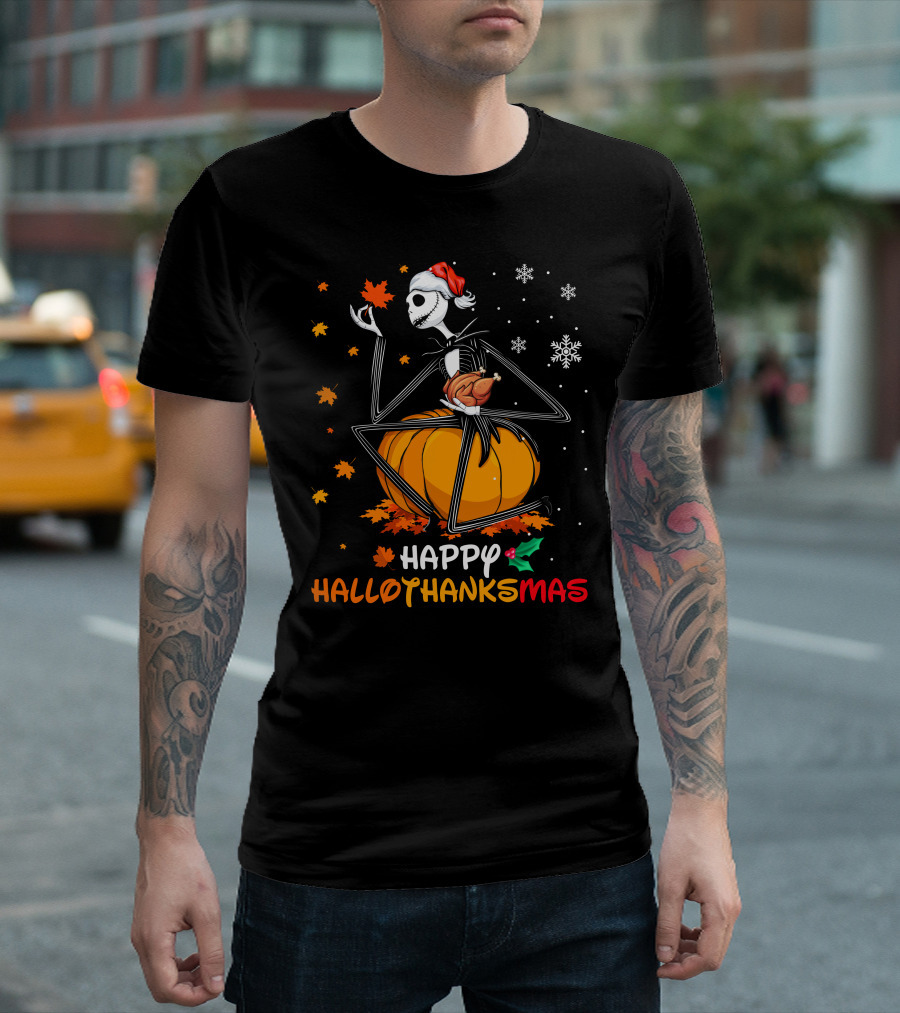 Happy Hallothanksmas Jack Skellington Pumpkin Santa Hat T-Shirt