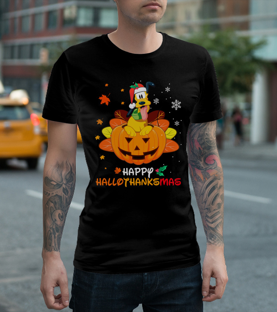 Happy Hallothanksmas Pluto Christmas Halloween Thanksgiving T-Shirt
