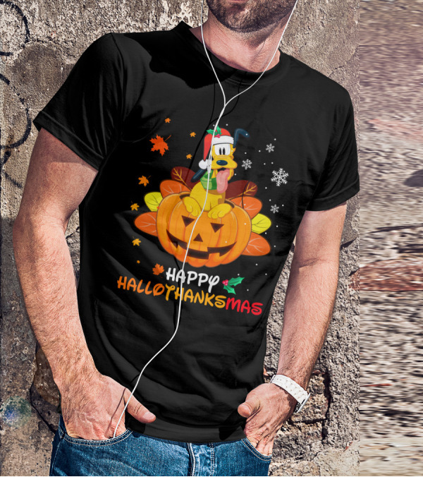 Happy Hallothanksmas Pluto Christmas Halloween Thanksgiving T-Shirt