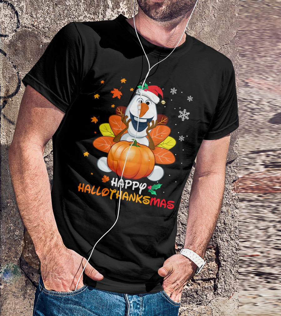 Happy Hallothanksmas Olaf Santa Hat Pumpkin Leaves Snowflakes T-Shirt