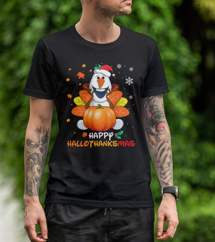 Happy Hallothanksmas Olaf Santa Hat Pumpkin Leaves Snowflakes T-Shirt