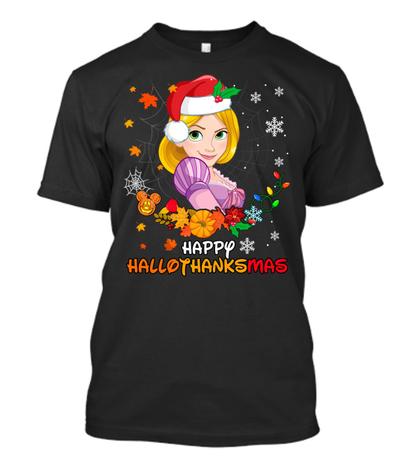 Happy Hallothanksmas Rapunzel Festive Mashup With Santa Hat Autumn Leaves And Christmas Lights T-Shirt