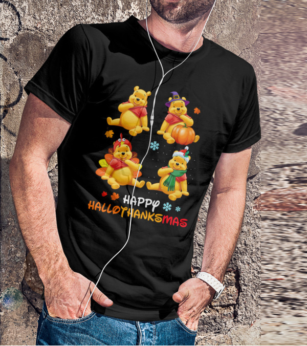 Happy Hall0Thanksmas Pooh Halloween Thanksgiving Christmas Winnie The Pooh Holiday Celebration T-Shirt