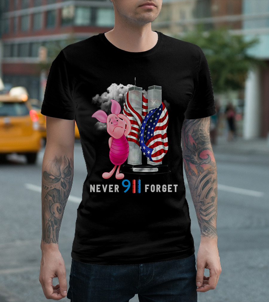 Piglet 9/11 Never Forget Twin Towers American Flag Memorial T-Shirt