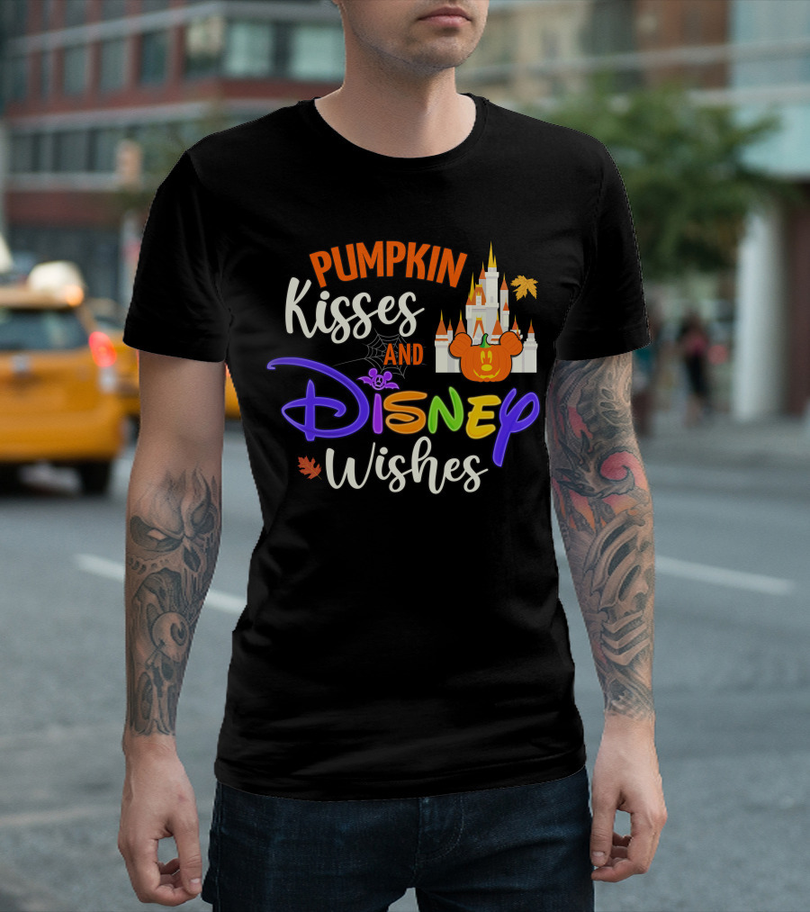 Pumpkin Kisses and Disney Wishes Castle Halloween Leaves T-Shirt