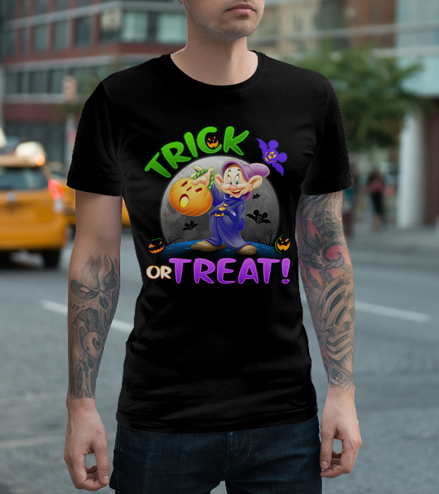 Trick Or Treat Dopey Halloween Disney Character With Pumpkin And Bat T-Shirt