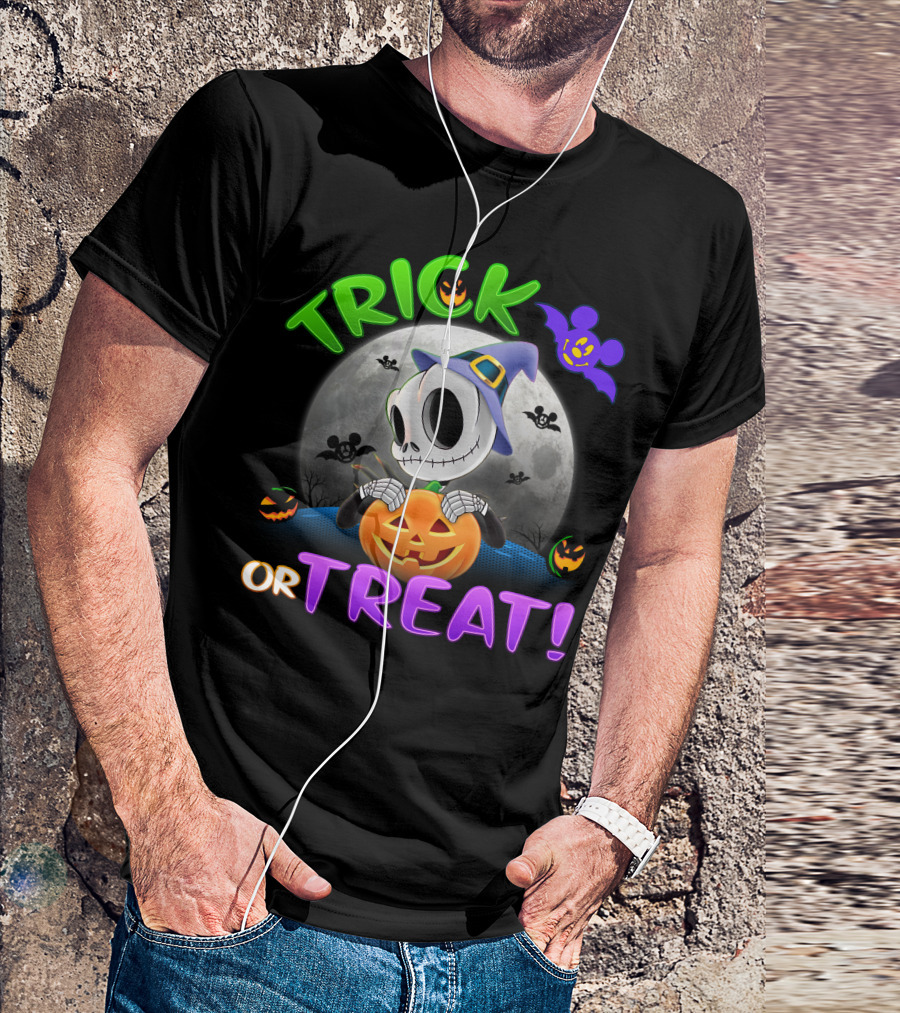 Trick Or Treat Jack Skellington In Halloween Moon With Pumpkins And Purple Bat T-Shirt