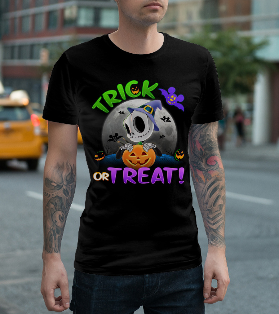 Trick Or Treat Jack Skellington Halloween Moon Bat Pumpkin T-Shirt