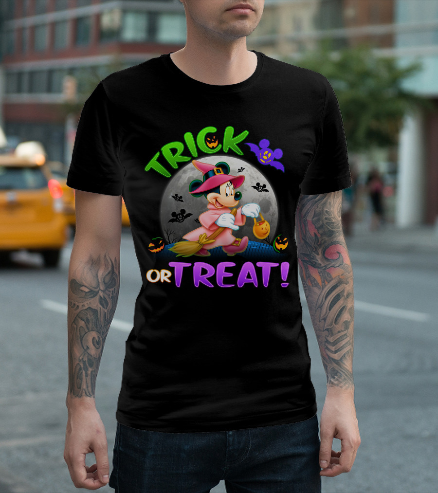 Trick Or Treat Minnie Halloween Witch Costume Broom Moon Bats Pumpkins T-Shirt