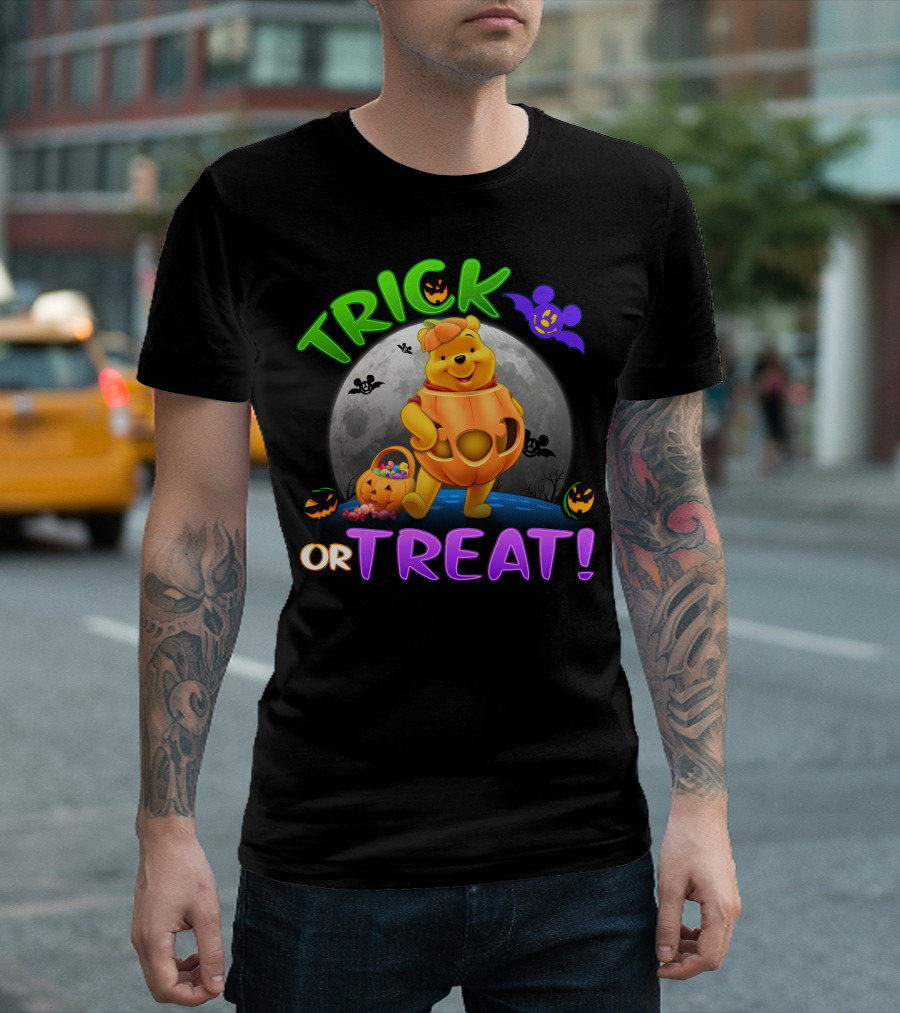 Trick Or Treat Pooh Halloween Moon Bats And Pumpkins T-Shirt