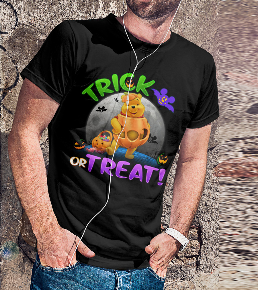 Trick Or Treat Pooh Halloween Moon Bats And Pumpkins T-Shirt