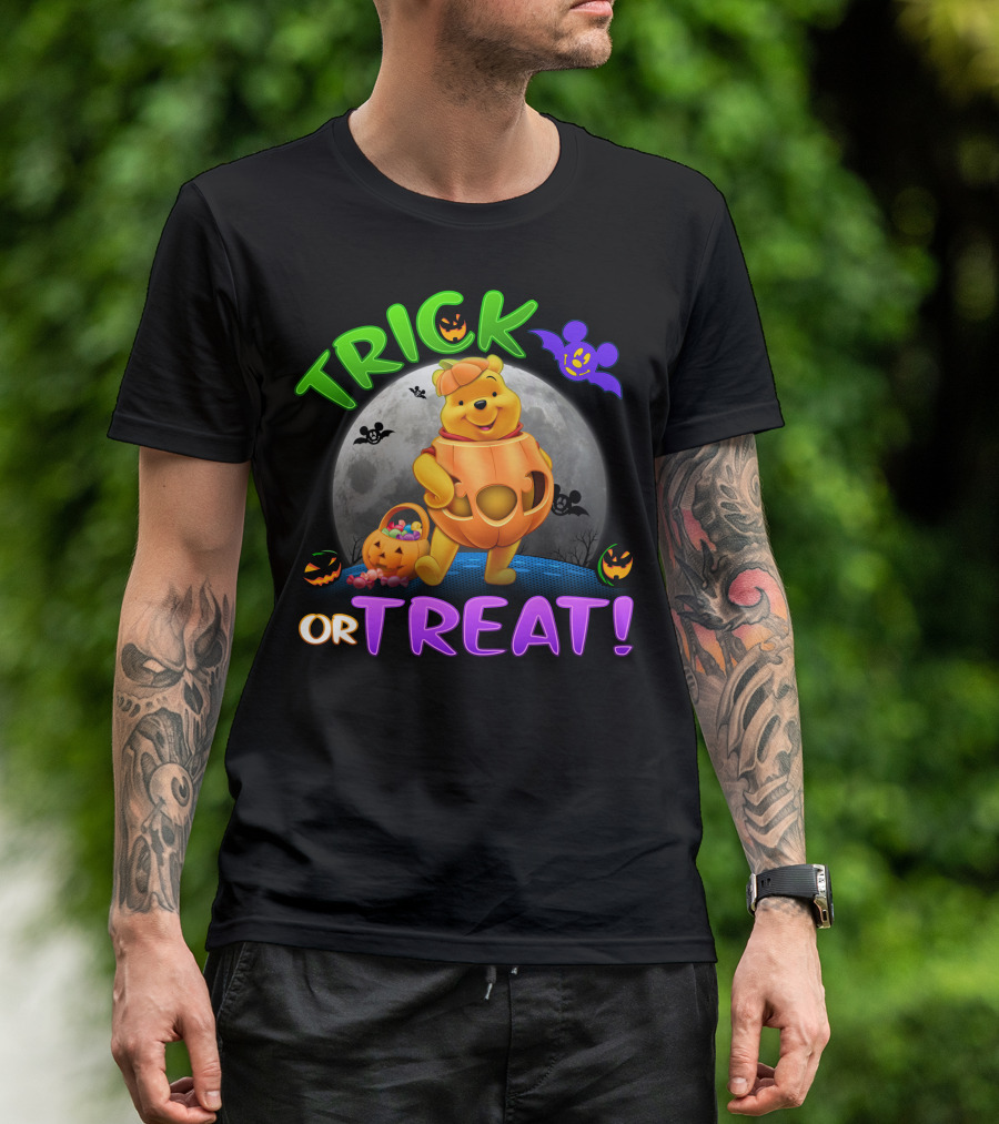 Trick Or Treat Pooh Halloween Moon Bats And Pumpkins T-Shirt