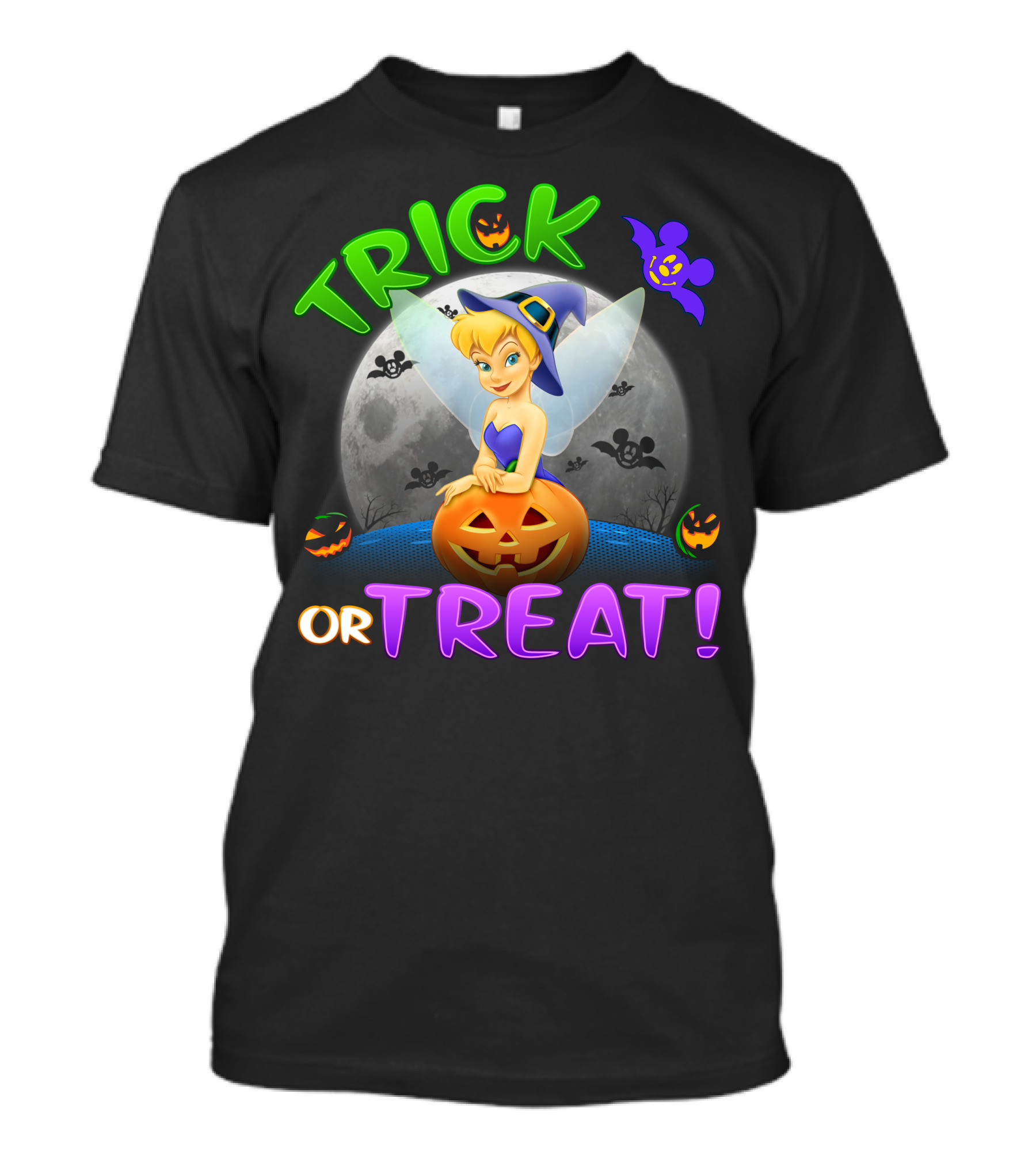 Trick Or Treat Tinker Bell Halloween Jack-O'-Lantern Moon Bat Mickey Ears T-Shirt