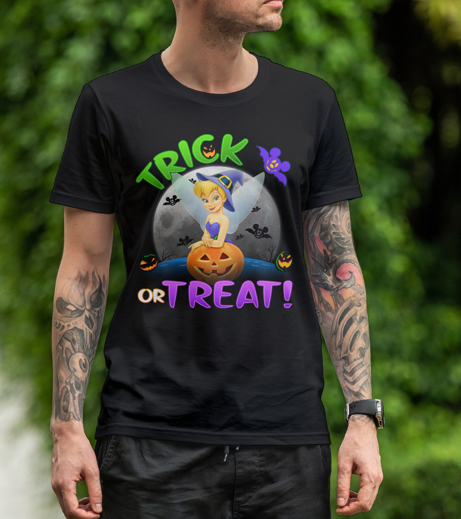 Trick Or Treat Tinker Bell Halloween Jack-O'-Lantern Moon Bat Mickey Ears T-Shirt