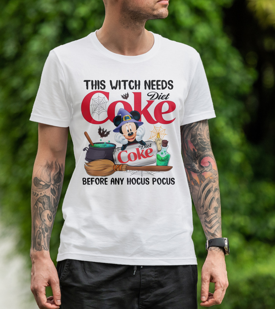 This Witch Needs Diet Coke Before Any Hocus Pocus Mouse Hat Potion Broom Cauldron T-Shirt