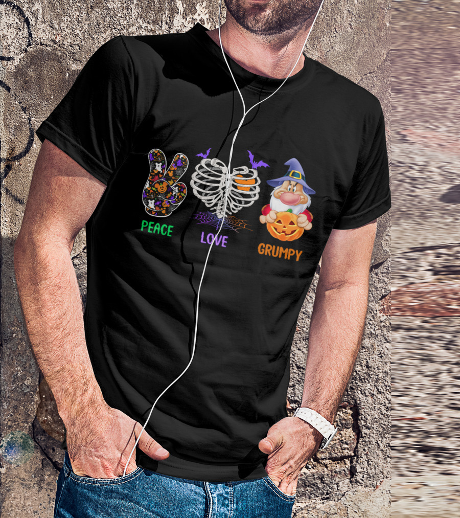 Peace Love Grumpy Halloween Gnome Pumpkins Rib Cage Bat T-Shirt