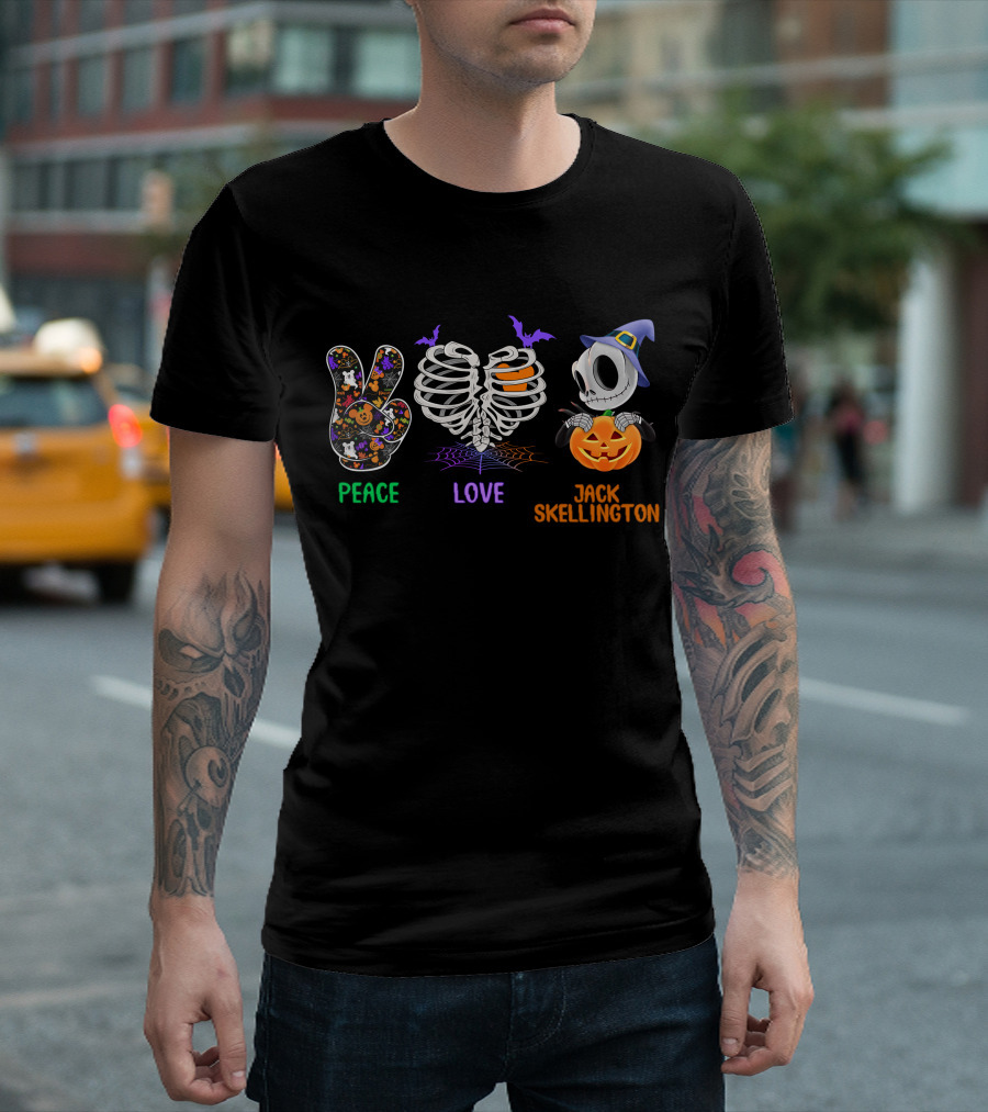 Peace Love Jack Skellington Halloween Pumpkin Skeleton Ribcage T-Shirt