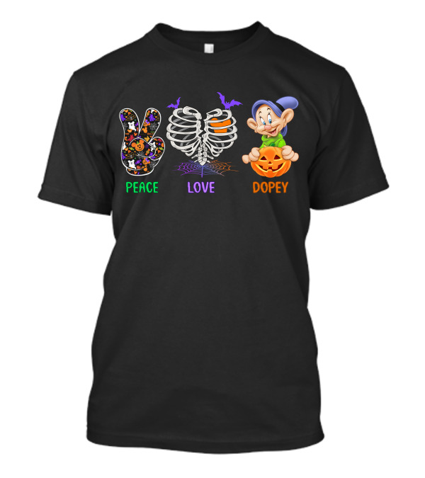 Peace Love Dopey Halloween Skeleton Pumpkin T-Shirt