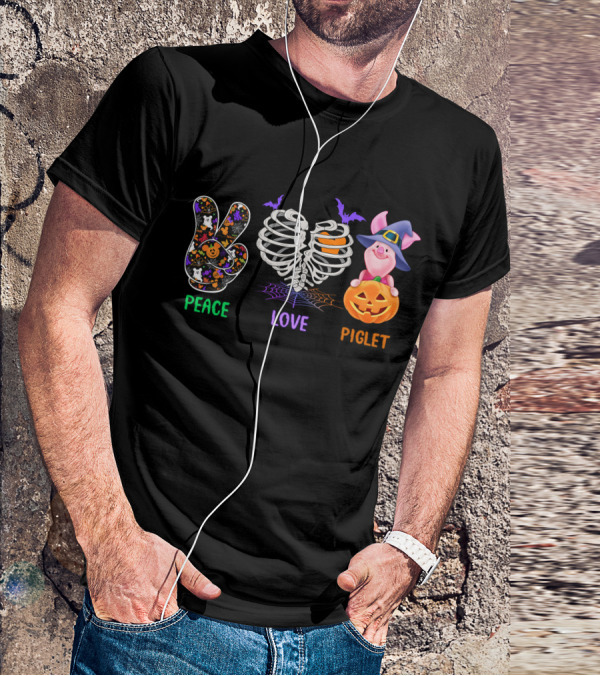 Peace Love Piglet Halloween Theme Pumpkin Skeleton Bats T-Shirt