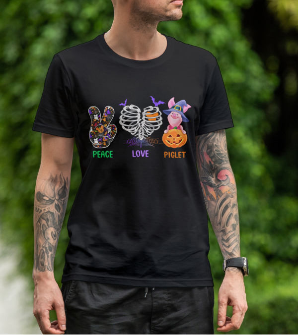 Peace Love Piglet Halloween Theme Pumpkin Skeleton Bats T-Shirt