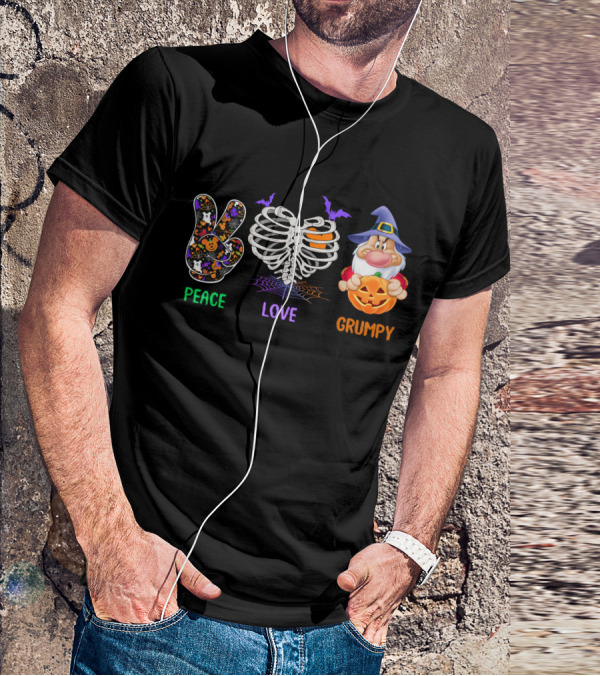 Peace Love Grumpy Halloween Skeleton Gnome With Pumpkin And Bat Hat T-Shirt