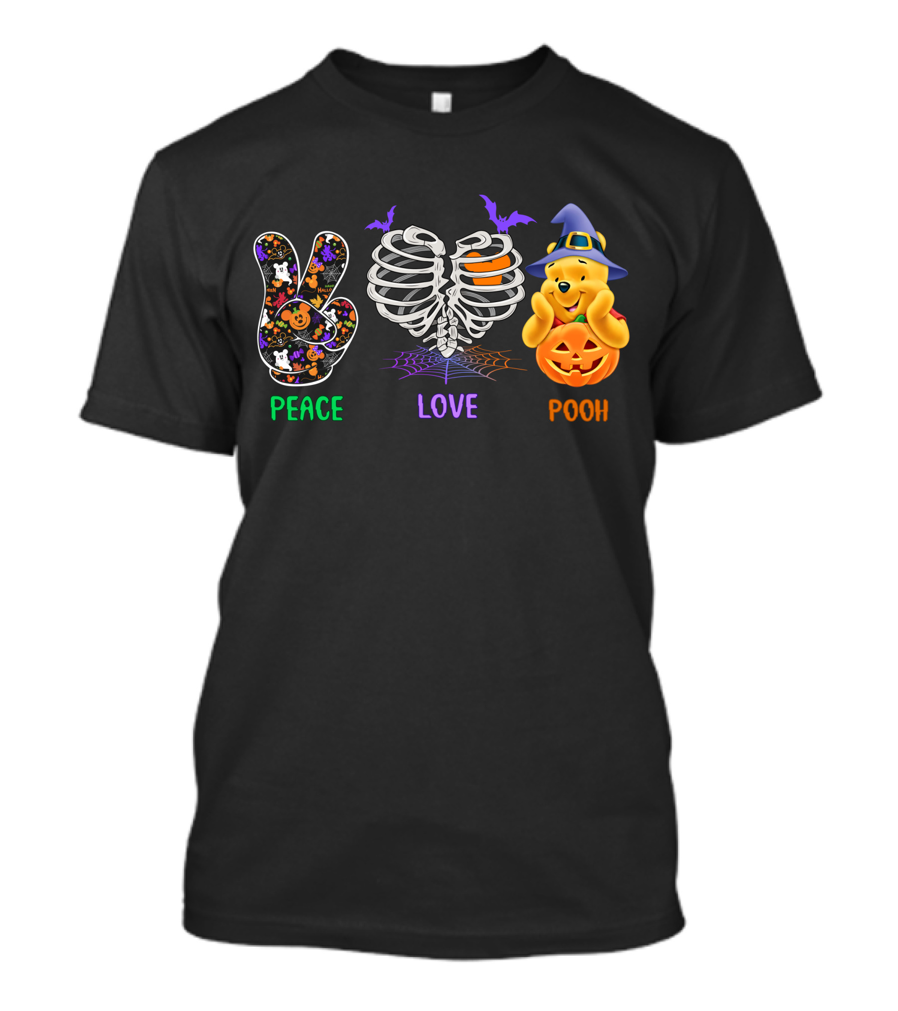Peace Love Pooh Halloween Pumpkin Skeleton Ribs T-Shirt