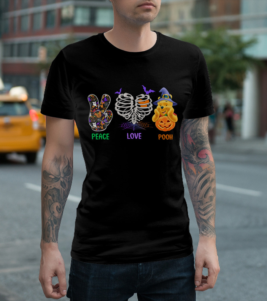 Peace Love Pooh Halloween Pumpkin Skeleton Ribs T-Shirt