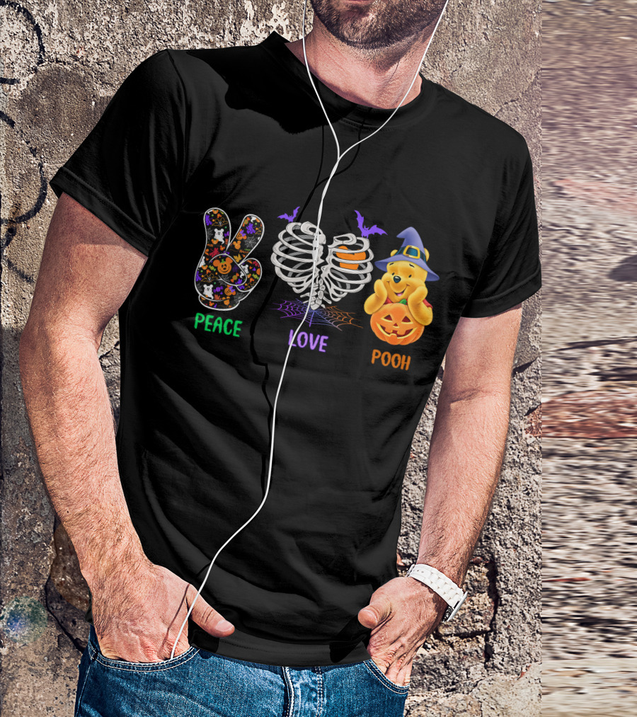 Peace Love Pooh Halloween Pumpkin Skeleton Ribs T-Shirt