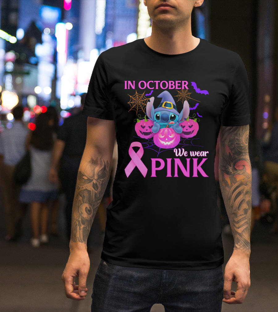 In October We Wear Pink Stitch Halloween Breast Cancer Awareness T-Shirt