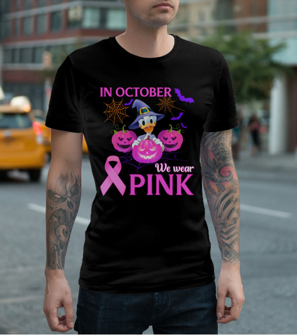 In October We Wear Pink Daisy D Breast Cancer Awareness Halloween Theme T-Shirt