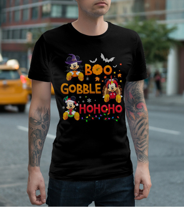 Boo Gobble Hohoho 2 Halloween Thanksgiving Christmas Mickey Minnie T-Shirt