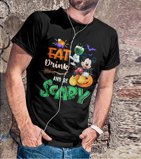Eat Drink And Be Scary Mickey Halloween Wine Candy Bats Broom Pumpkin T-Shirt