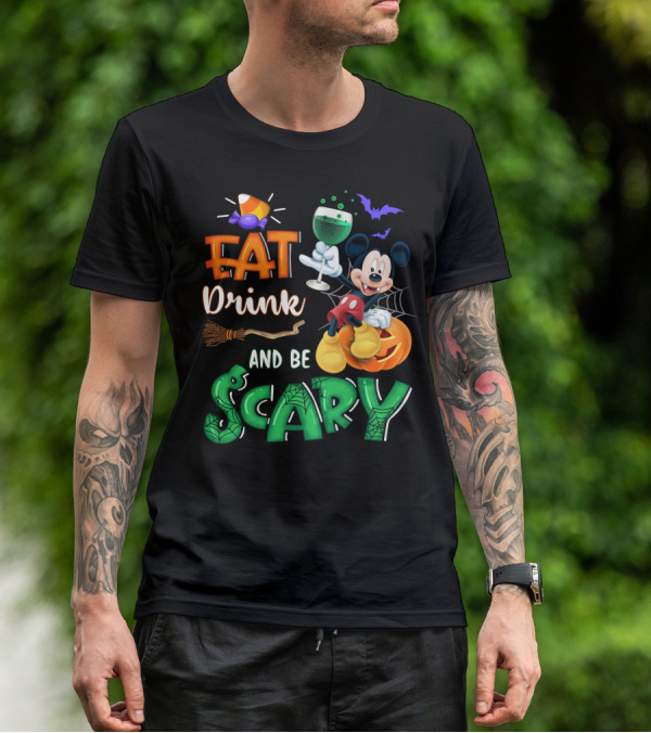 Eat Drink And Be Scary Mickey Halloween Wine Candy Bats Broom Pumpkin T-Shirt