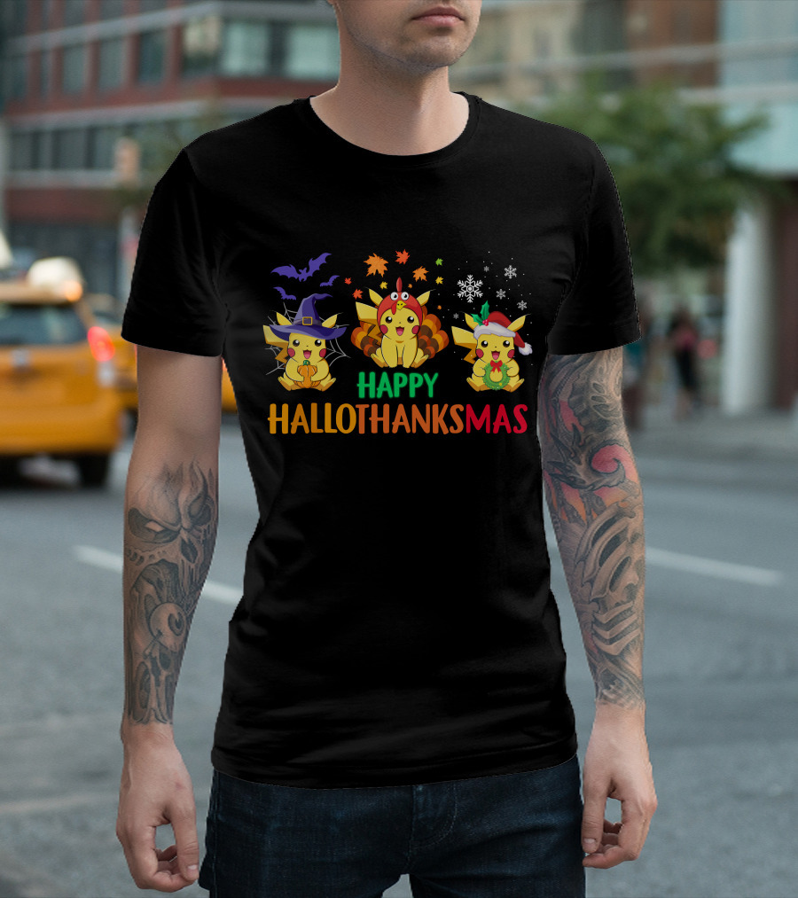PIKACHU Happy HalloThanksMas Halloween Thanksgiving Christmas T-Shirt