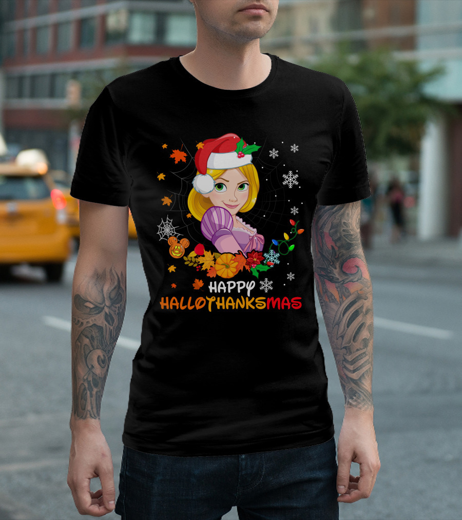 Happy Hallothanksmas Rapunzel Holiday Cheer With Festive Santa Hat And Seasonal Elements T-Shirt