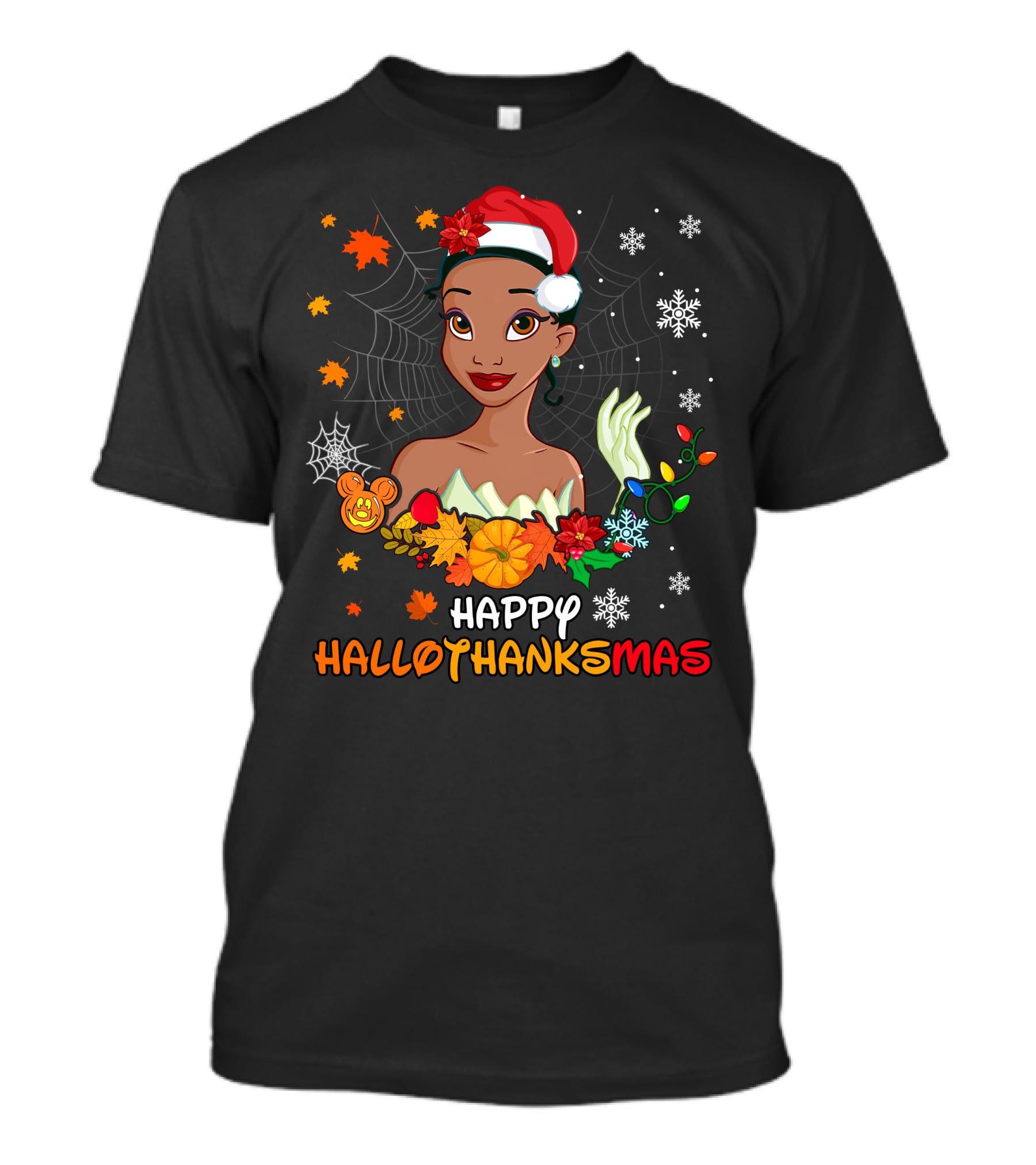 Tiana Happy Hallowthanksmas Snowflakes Spider Web Leaves Flowers T-Shirt