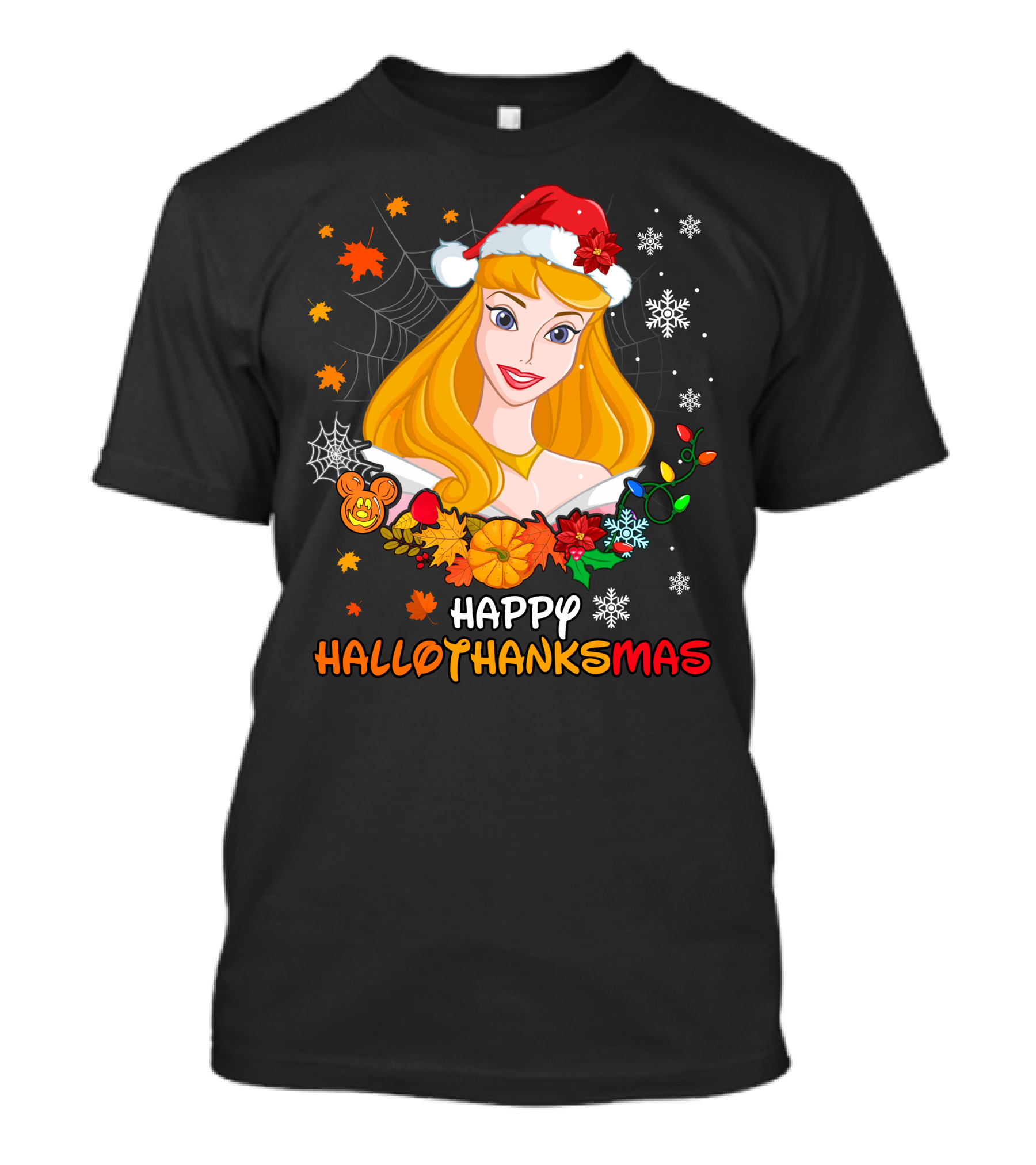 Happy Hallothanksmas Aurora Santa Hat Snowflakes Leaves T-Shirt