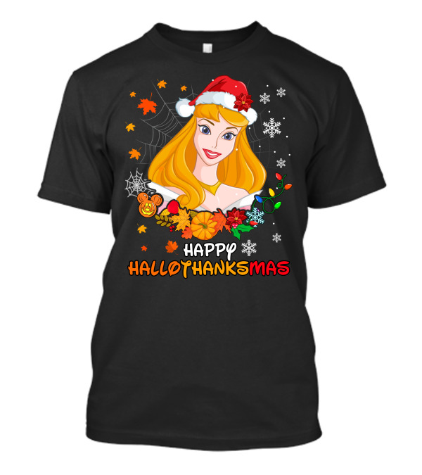 Happy Hallothanksmas Aurora Santa Hat Snowflakes Leaves T-Shirt