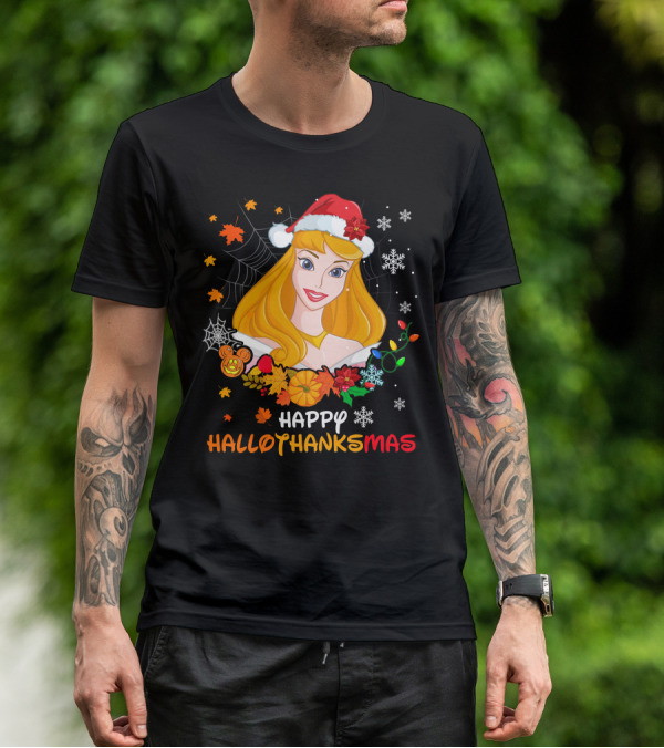 Happy Hallothanksmas Aurora Santa Hat Snowflakes Leaves T-Shirt