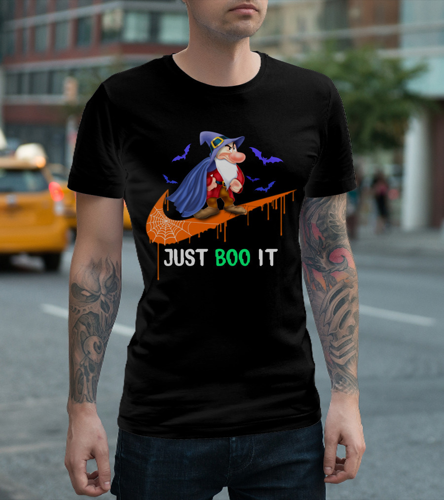 Just Boo It Witch Hat Grumpy With Purple Bats And Orange Swoosh T-Shirt