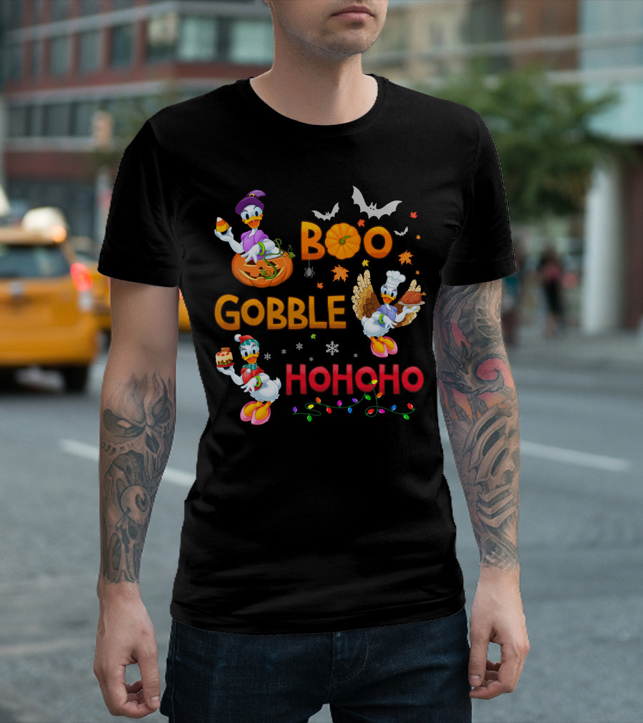 Boo Gobble Hohoho Daisy Duck Halloween Thanksgiving Christmas T-Shirt