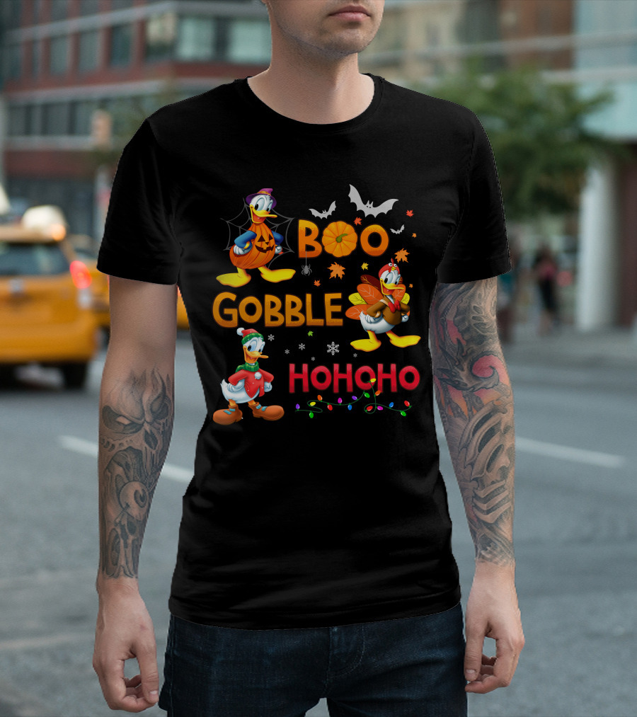 Boo Gobble Hohoho Donald Duck Halloween Thanksgiving Christmas T-Shirt