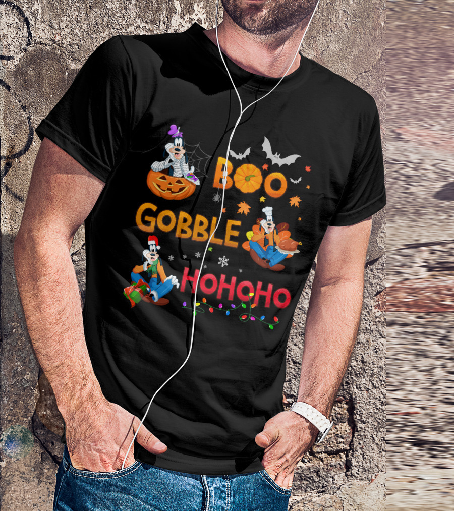 Boo Gobble Ho Ho Ho Goofy Halloween Thanksgiving Christmas T-Shirt